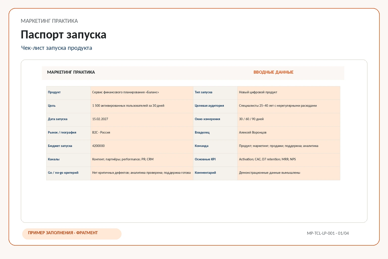 Демонстрационный экран Excel-системы «Чек-лист запуска продукта», изображение 1